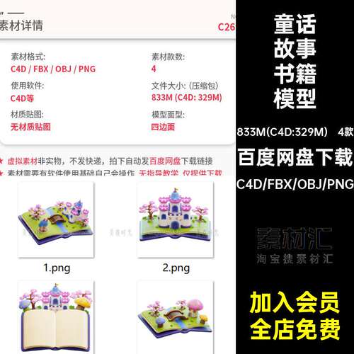 创意梦幻童话故事书籍小场景3d城堡树木蘑菇屋c4d模型obj