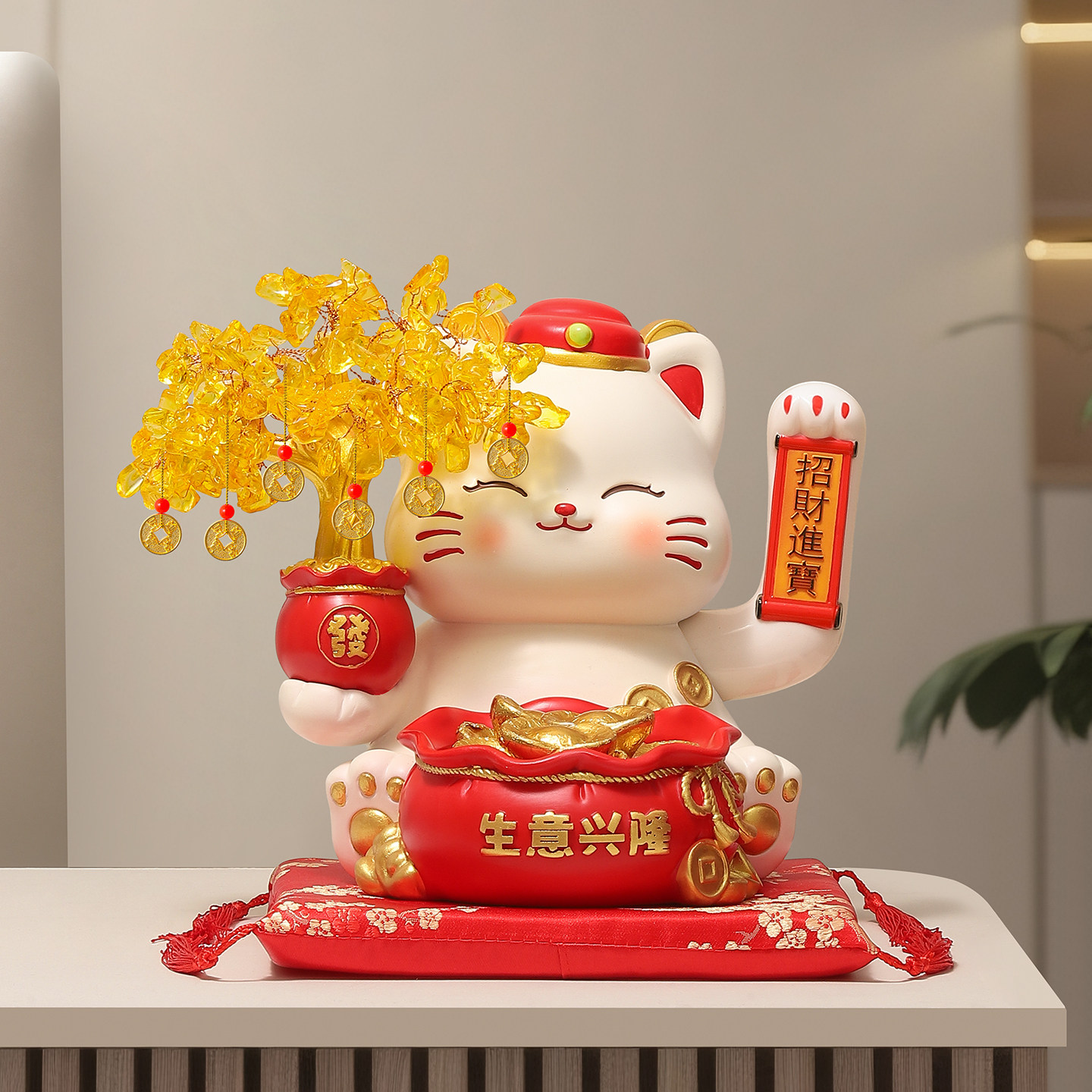 发财树招财猫摆件自动摇手店铺收银台前台发财猫装饰新店开业礼物
