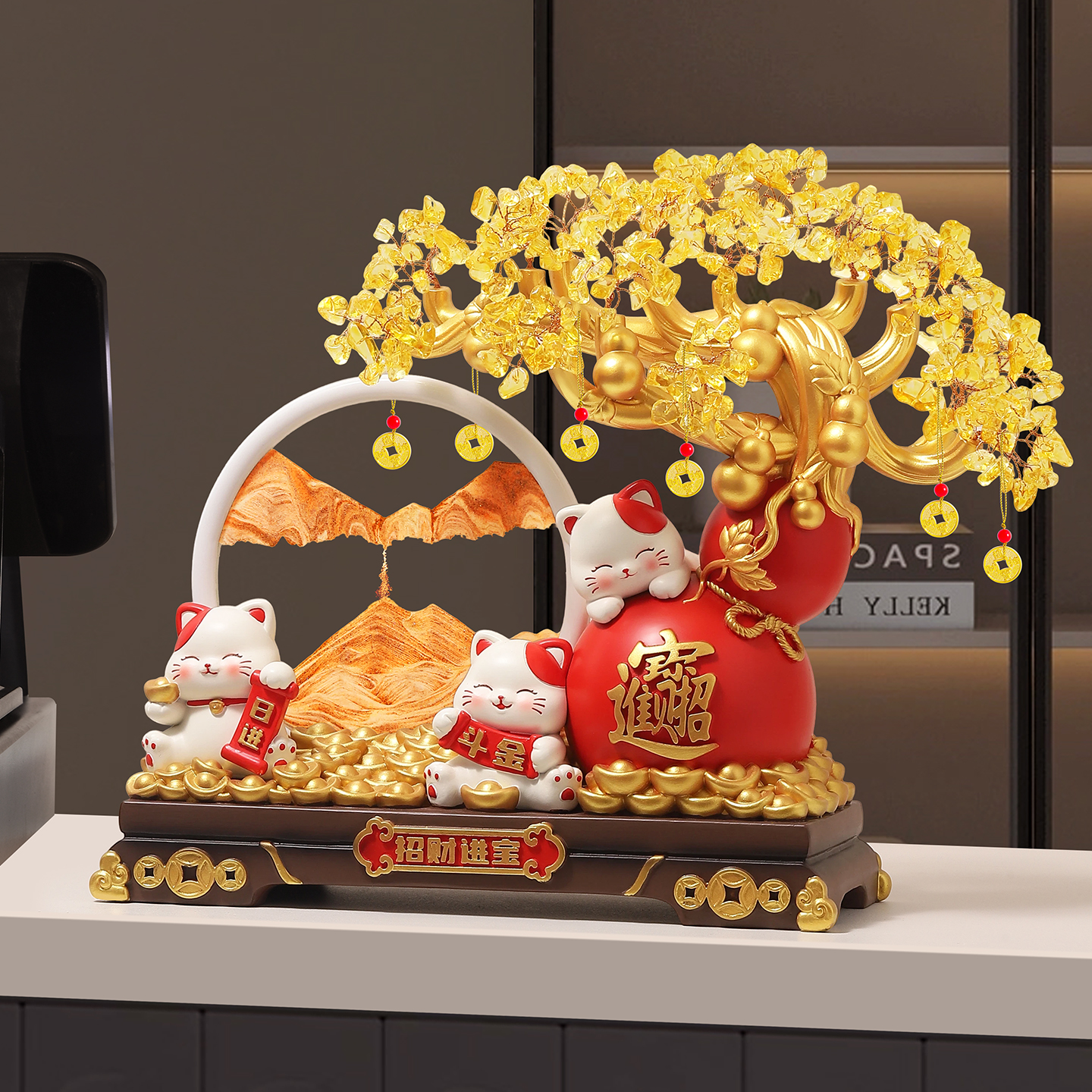 招财进宝发财树招财猫流沙画摆件