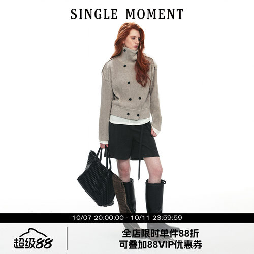 SINGLE MOMENT 26AW法式立领休闲风宽松双排扣毛衣开衫长袖外套女