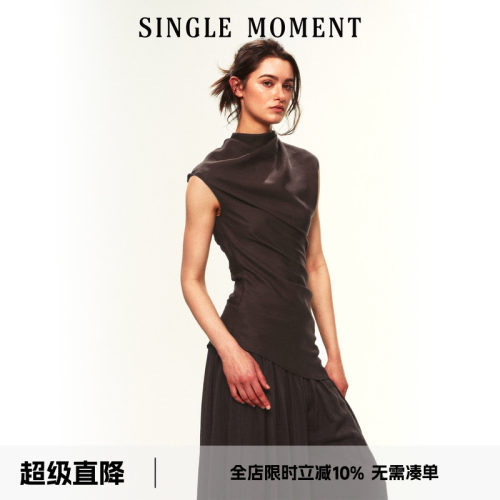 SINGLE MOMENT 26SS夏季法式帆船领不对称斜肩抽褶无袖上衣T恤女