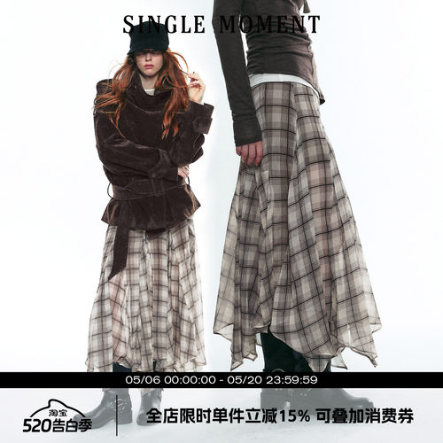 SINGLE MOMENT 25AW秋季苏格兰风飘逸感格纹不对称半身裙长裙女