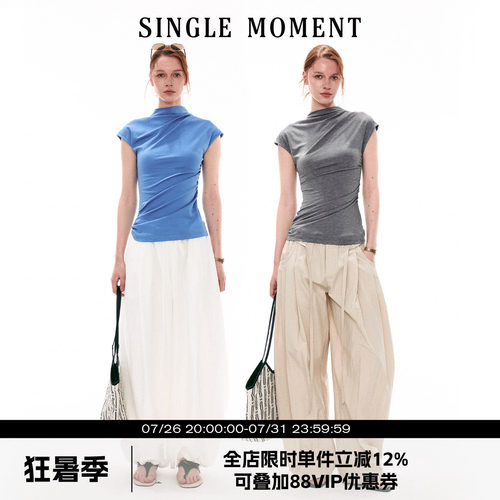 SINGLE MOMENT 26SS法式夏季半高领小飞袖修身褶皱T恤无袖上衣女