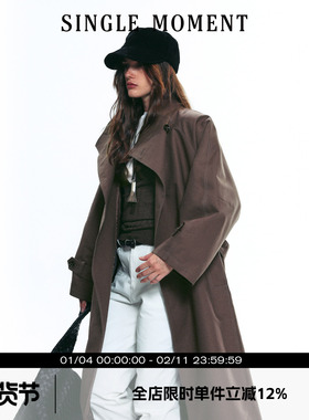 SINGLE MOMENT 25AW秋季双面缎纹A字廓形半立领长款风衣外套女