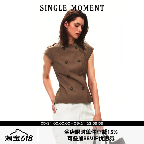 SINGLE MOMENT 26SS夏季法式双排扣翻领收腰短袖修身背心上衣女