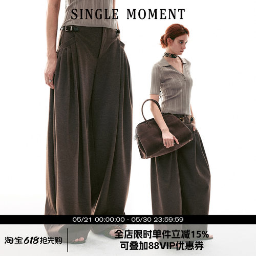 SINGLE MOMENT 26SS法式复古皮袢宽松裥褶休闲直筒宽松西裤阔腿裤