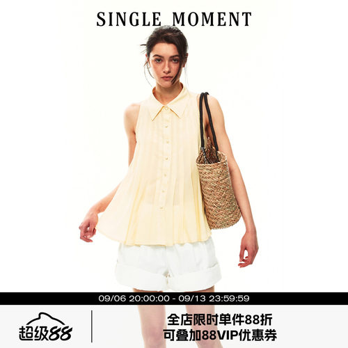 SINGLE MOMENT 26SS夏季法式休闲风宽松A摆压褶无袖衬衫上衣女