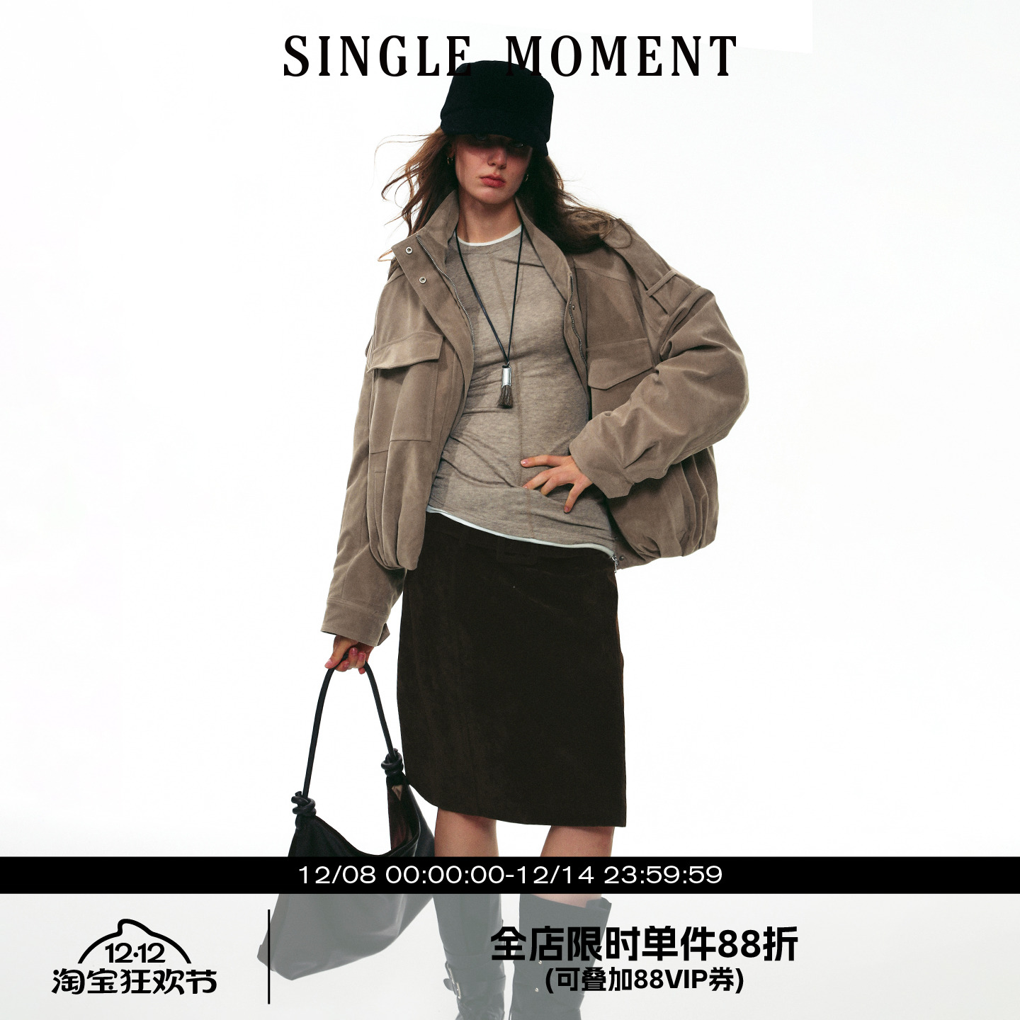 SINGLE MOMENT 25AW法式秋冬绒面褶皱工装大口袋棉衣夹克外套女