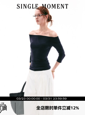 SINGLE MOMENT 26SS法式基础百搭一字领露肩5分袖修身T恤上衣女