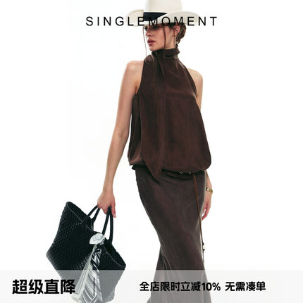 SINGLE MOMENT 25SS夏季新款法式高领飘带无袖背心吊带上衣套装女