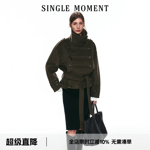 SINGLE MOMENT 26AW法式复古立领双排扣短款廓形毛呢长袖外套女