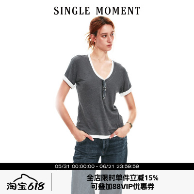 SINGLE MOMENT 26SS夏季法式V领假两件翻边袖口修身T恤短袖上衣女