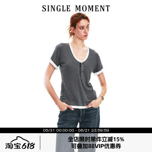 SINGLE MOMENT 26SS夏季法式V领假两件翻边袖口修身T恤短袖上衣女