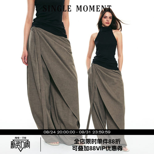 SINGLE MOMENT 25SS秋季新款羊毛混纺多层次飘带休闲阔腿西裤女