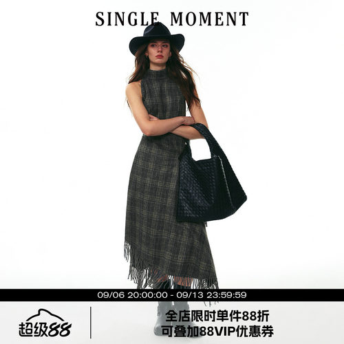 SINGLE MOMENT 25AW法式修身优雅格纹粗呢不规则流苏背心连衣裙女