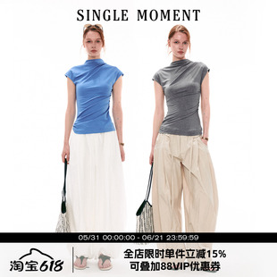 SINGLE MOMENT 26SS法式夏季半高领小飞袖修身褶皱T恤无袖上衣女