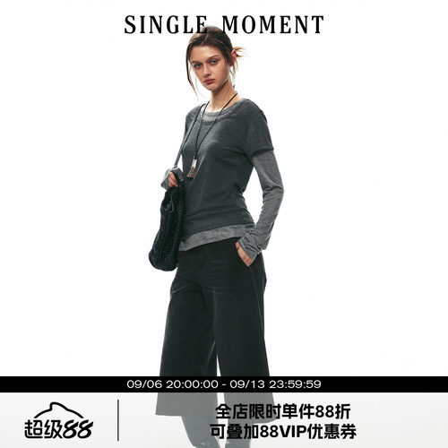 SINGLE MOMENT 26AW法式经典通勤假两件撞色长袖针织T恤圆领上衣
