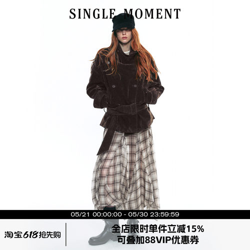 SINGLE MOMENT 25AW法式复古植绒大立领短款双排扣系腰风衣外套女