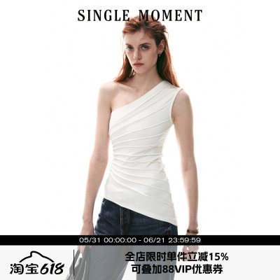 SINGLE MOMENT 26SS夏季法式放射压褶斜肩针织上衣背心无袖T恤女