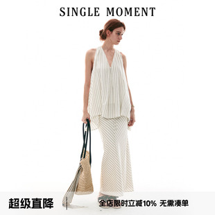 SINGLE MOMENT 26SS法式浪漫挂脖扭花A摆花苞上衣系带斜丝半裙女