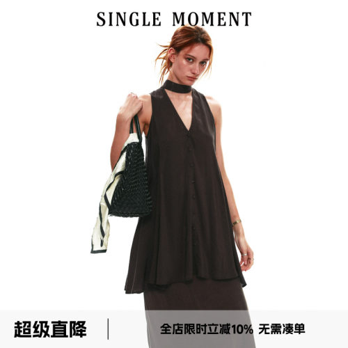 SINGLE MOMENT 26SS夏季法式铜氨丝A字V领飘带无袖宽松连衣裙女