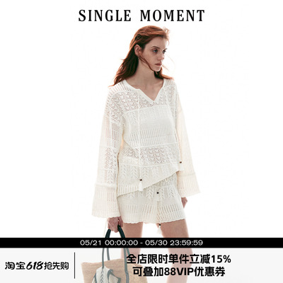SINGLE MOMENT 26SS法式海边度假风钩针休闲长袖套头罩衫套装女