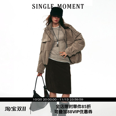 SINGLE MOMENT 25AW法式秋冬绒面褶皱工装大口袋棉衣夹克外套女