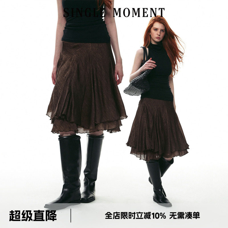 SINGLE MOMENT 26AW法式经典通勤双层插片式休闲半身裙A字裙女图片