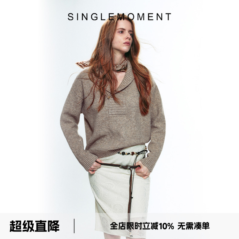 SINGLE MOMENT 25AW法式松弛感青果领百花绒宽松套头毛衣针织衫女
