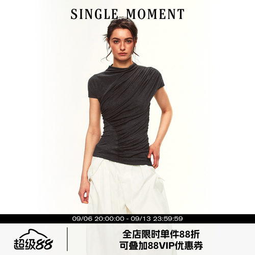 SINGLE MOMENT 26SS夏季法式休闲小高领抽皱修身T恤短袖上衣女