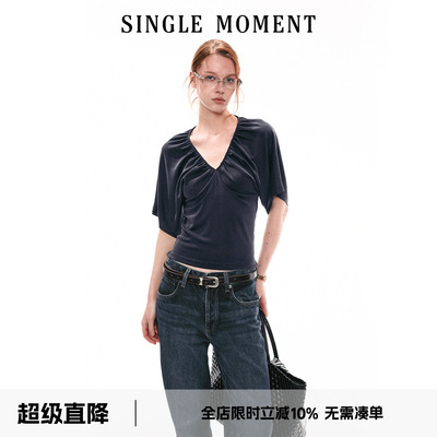 SINGLE MOMENT 26SS法式夏季休闲抽褶V领蝙蝠袖T恤上衣宽松短袖女