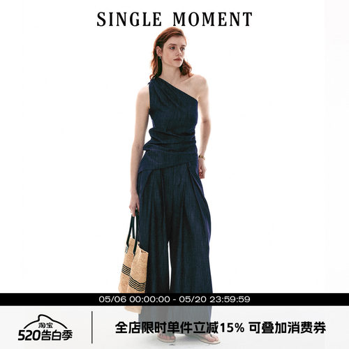 SINGLE MOMENT 26SS法式复古斜肩修身显瘦无袖上衣背心西裤套装女