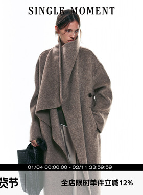 SINGLE MOMENT 25AW冬季高级感保暖立领长款全羊毛双面呢大衣外套