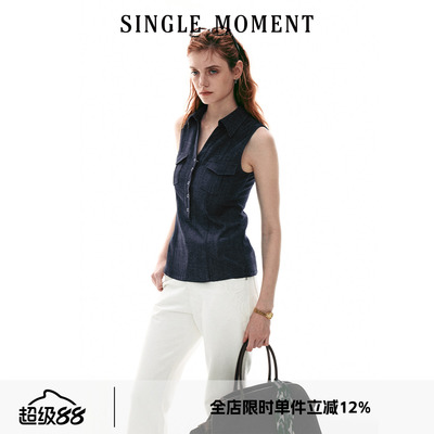 SINGLE MOMENT 26SS法式夏季休闲风翻领无袖衬衫背心上衣女