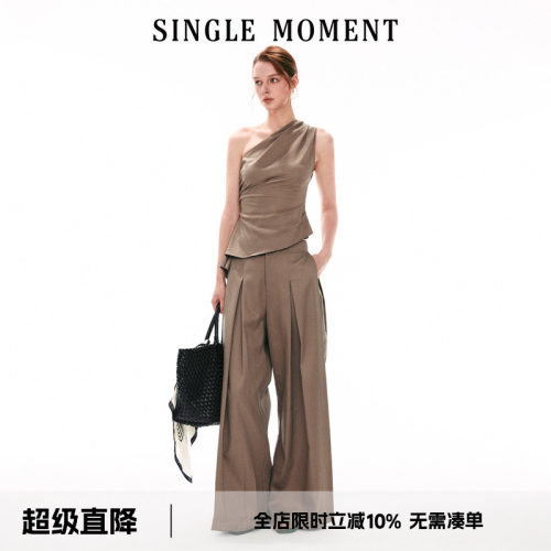 SINGLE MOMENT 26SS法式斜肩抽皱不规则下摆无袖上衣休闲西裤套装