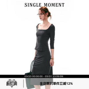 MOMENT 上衣T恤套装 26SS法式 显瘦五分袖 女 方领通勤修身 SINGLE