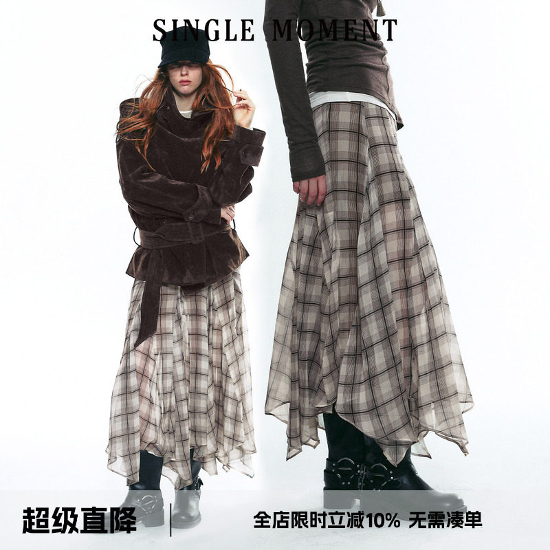 SINGLE MOMENT 25AW秋季苏格兰风飘逸感格纹不对称半身裙长裙女图片