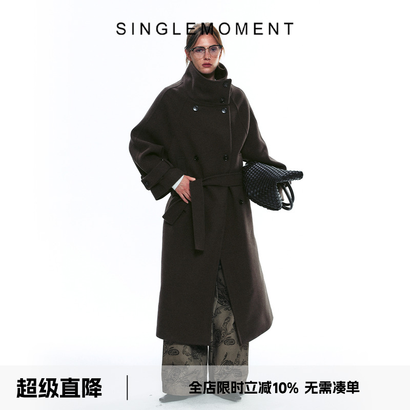 SINGLE MOMENT 25AW法式秋冬通勤毛呢羊毛立领宽阔大衣长外套女