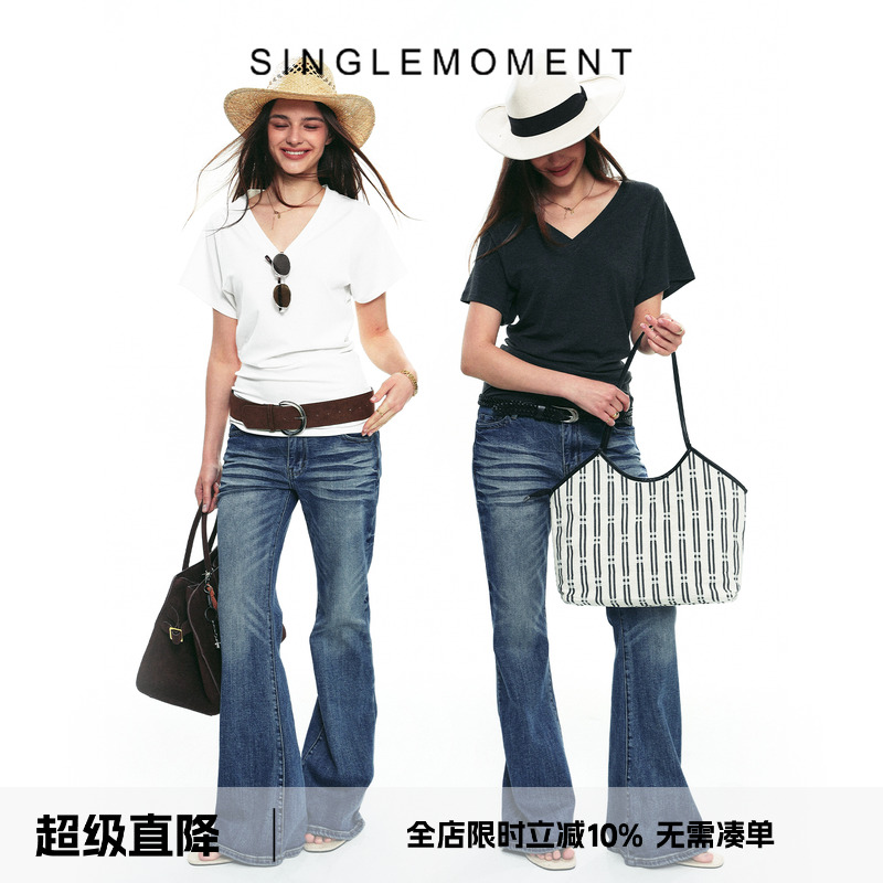 SINGLE MOMENT 25SS夏季新款法式复古百搭修身天丝混纺V领飞袖T恤