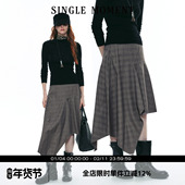 25AW法式 SINGLE MOMENT 通勤百搭下摆毛边不规则格子半身裙女秋