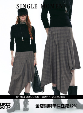 SINGLE MOMENT 25AW法式通勤百搭下摆毛边不规则格子半身裙女秋