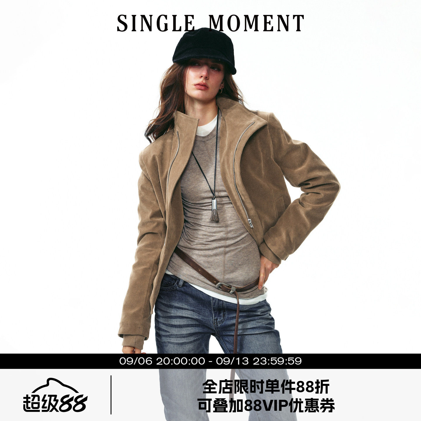 SINGLE MOMENT 25AW法式复古绒感斜门襟立领短款夹克长袖外套女图片