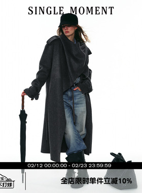 SINGLE MOMENT 25AW法式高级感气质披肩长款羊毛风衣大衣外套女