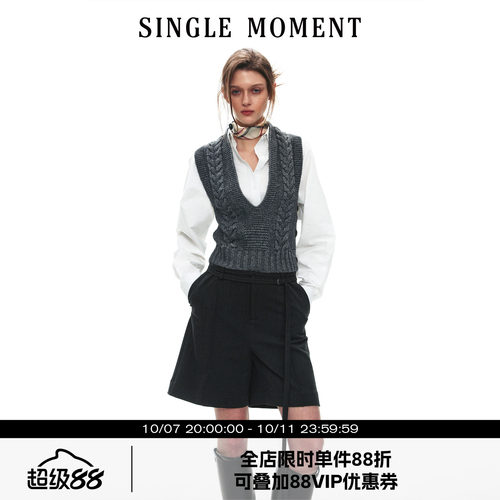 SINGLE MOMENT 26AW法式通勤复古深v扭花毛织毛衣宽松套头背心女