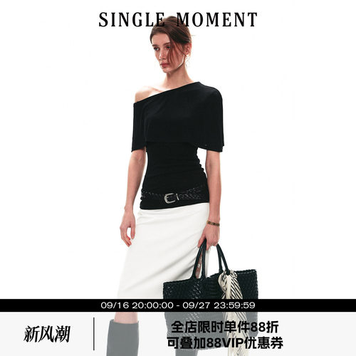 SINGLE MOMENT 26SS夏季法式斗篷式假两件斜肩针织t恤短袖上衣女