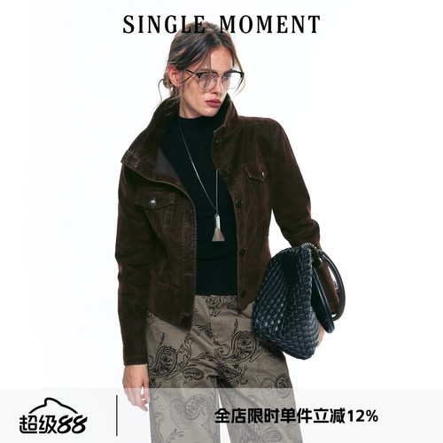 SINGLE MOMENT 25AW法式复古竹节植绒斜纹短款机车夹克外套上衣女