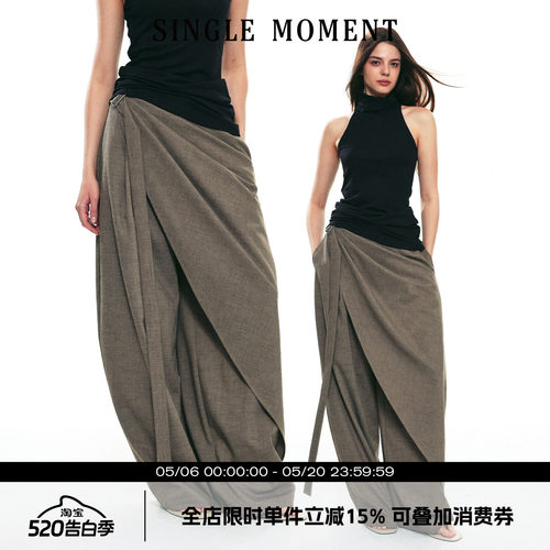 SINGLE MOMENT 25SS秋季新款羊毛混纺多层次飘带休闲阔腿西裤女