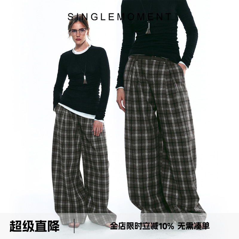 SINGLE MOMENT 25AW法式百搭宽松薄呢格子裤直筒休闲垂感长裤女秋