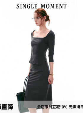 SINGLE MOMENT 26SS法式方领通勤修身显瘦五分袖上衣T恤套装女