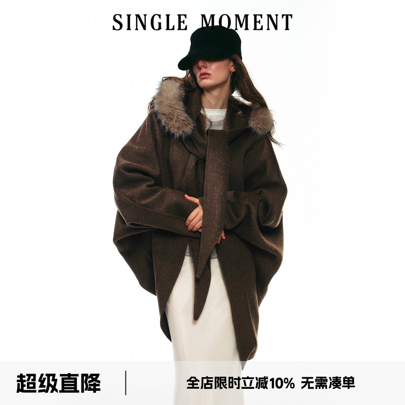 SINGLE MOMENT 25AW法式时尚宽松分体帽羊毛双面呢披肩大衣外套女